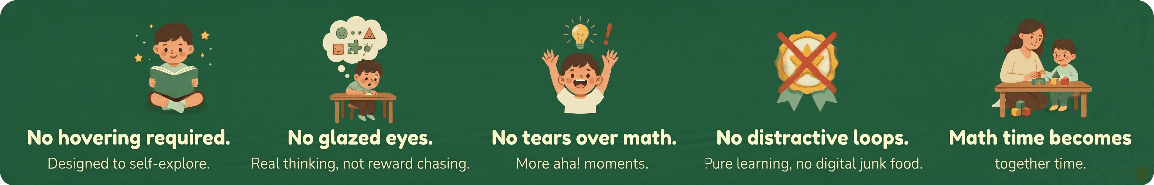 Math Biomes: proven approaches to learning — self-exploration, real thinking, joyful moments, focused practice, and together time.